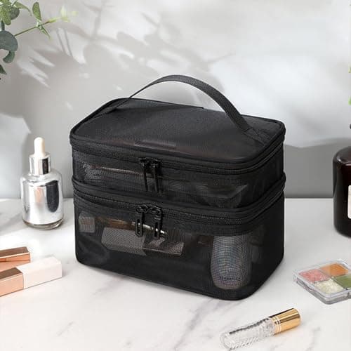 Tosnail Set of 3 Mesh Travel Toiletry Bag with Handle, Black Mesh Pouch Zipper Bag, Mesh Cosmetic Organizer Case, Portable Small Shower Caddy for Makeup, Skincare, Beauty Product, Office — view 5