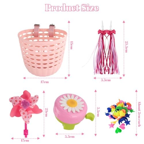 Kids Bike Basket Set - Pink Bicycle Basket with Wheel Spoke Beads Bicycle Bell Bicycle Windmill Bike Tassels. with Ajustable Straps, Detachable Girls Bicycle Accessories for Birthday — view 2