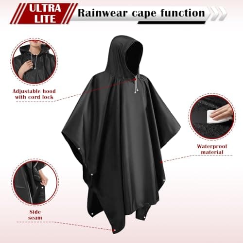 CHGANG Waterproof Poncho Adult, Reusable Rain Poncho Lightweight Waterproof Raincoat Emergency with Hood for Outdoor Hiking Camping Cycling Traveling (Black) — view 3