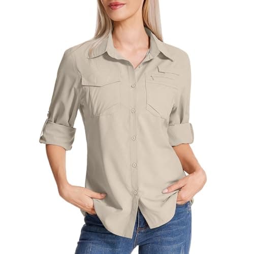 Faysfad Women's Safari Shirt UPF 50 UV Sun Protection Quick Dry Shirts Long Sleeve Hiking Walking Fishing Outdoor Travel(5081,Light Khaki,L)