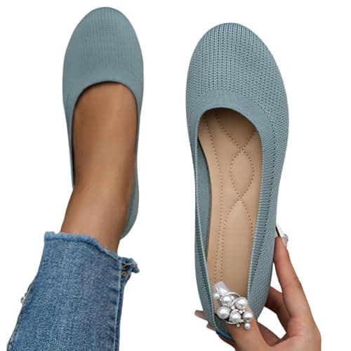 Slip On Ballet Flats for Women Knit Breathable Mesh Dolly Shoes Summer Casual Comfy Pumps for Lounge Outdoor Work,Sky Blue,6 — view 4