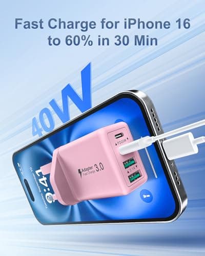 Saqykan 2-Pack 40W 4-Port Multi USB Plug UK Fast Charger Dual PD Power Adapter +QC Multiport Wall Charge Head Type C Fast Charging Plug for iPhone 17 16 15 14 13 12 11 Pro Max Plus, iPad — view 2