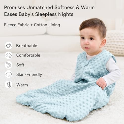 Unnivoll Baby Sleeping Bag 1.5 Tog with Plush Dots Sleep Bag 2 Pack Baby Sleep Sack Wearable Blanket for Newborn Infant 0-6 Months Sky Blue — view 2