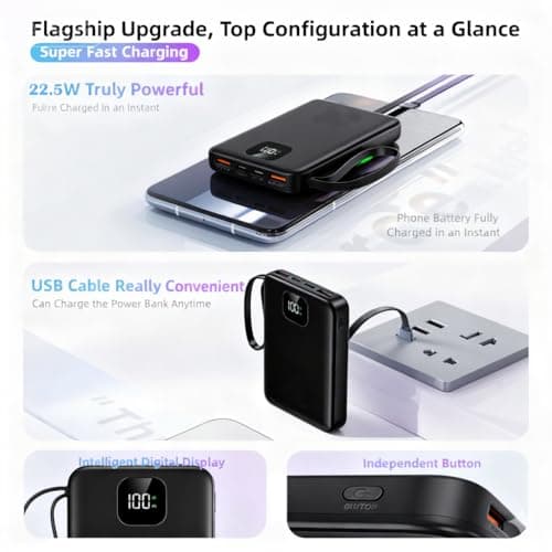[5-in-1] 22.5W Fast Charging Power Bank 10000mAh, Compact Portable Charger with 4 Built-in Cables & LED Display, 5 Outputs & 3 Inputs Battery Pack for iPhone Android and More (Black, 10000mAh) — view 4