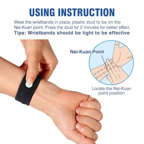 Hionfurt Travel Sickness Bands for Adults and Kids Motion Sickness Wristbands for Car and Sea Sickness Anti Nausea and Pregnancy Morning Sickness Relief Acupressure Bands - 3 Pairs Grey, Black, Black — view 3