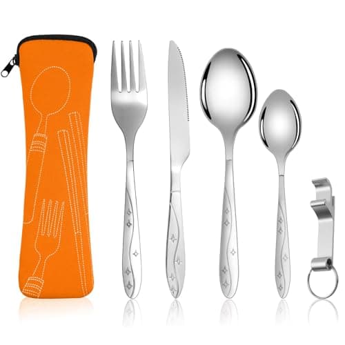 Vicloon 5PCS Stainless Steel Flatware Set with Bottle Opener, Travel Cutlery Set, Orange