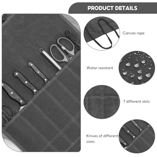 Megcdtr Knife Roll Bag, Knife Roll for Chefs, 7 Slots Waxed Canvas Knife Bags, Portable Tool Storage Bag with Drawstring, Suitable for Home Kitchens Camping Hiking and As a Gift for Chefs (Grey) — view 3