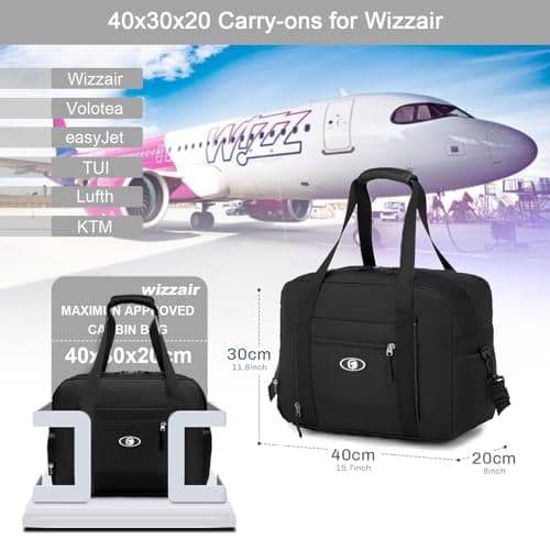 BAGZY Cabin Bag 40x30x20 Wizzair, Foldable Underseat Cabin Bag Duffel Bag Nylon Holdall Hand Luggage Case Carry on Luggage Flight Bag Baggage Organiser Storage, Black — view 2