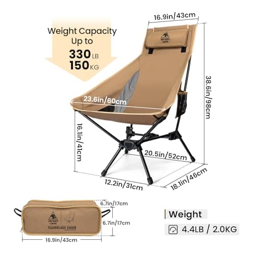 OneTigris Tigerblade High Back Camping Chair with Pillow Design, Comfortable Widened Seat Folding Chair — view 3