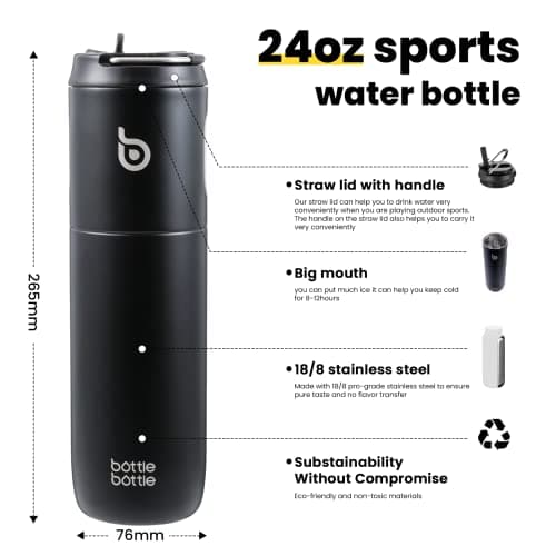 Bottle Bottle Stainless Steel Water Bottle 700ml with Straw and Lid Sports Insulated Metal Water Bottles with Handle(Black) — view 3