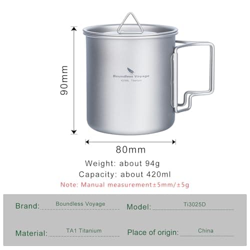 Boundless Voyage Camping Cookware 420ml Titanium Camping Pot with Lid Foldable Handle Ultralight Titanium Cup Coffee Mug for Backpacking Hiking Ti3025D — view 2