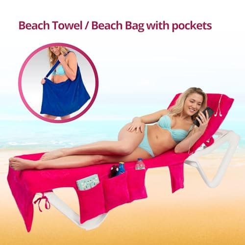 ITSA Velour Beach Towel with Pockets & Handles | 100% Cotton Foldable Sun Lounger Cover | Carry Bag | Secure Storage Beach Towel (Coral Pink) — view 2