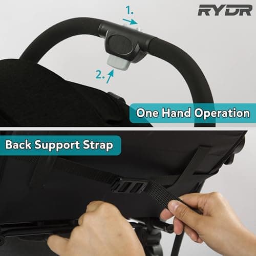 RYDR C8 Compact Travel Pushchair | Lightweight Baby Stroller/Pram/Buggy for 0–3 years/15kg | Easy One-Hand Fold, 5-Point Harness, Adjustable Back, Leg Rest and Canopy, Shopping Basket (Black) — view 5