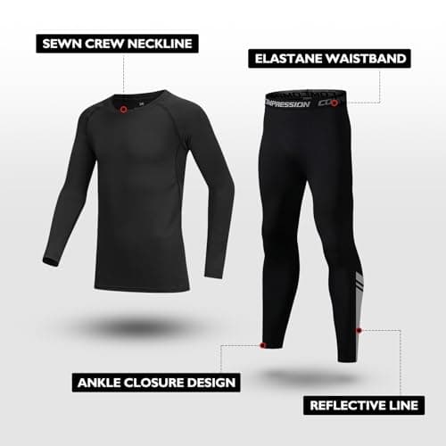 Giyim Kids Base Layer - Fleece Lined Athletic football skins, Warm Football Skins Long Sleeve Top and Leggings Compression Set, Reflective Line Thermal Underwear for Biking, Ski & Running(Black,24) — view 2