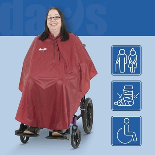 Days Wheelchair Poncho – Waterproof Rain Cover for Wheelchair Users, Full Body Protection with Hood, Zip Closure & Rear Vents – Lightweight, Easy-Fit Mobility Poncho – Burgundy, 133 x 100cm — view 3