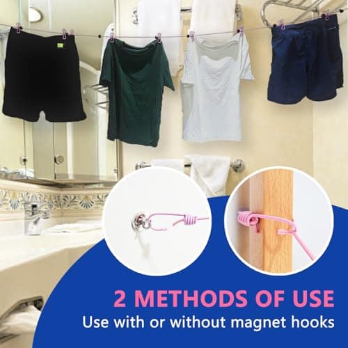 Magnetic Retractable Clothes washing Line for Cabin - Approved 2026 Cruise Essentials Clothes Drying Rack Travel Clothesline with Clothespins -4 Luggage Tags Strong Magnets Hooks (Pink) — view 3