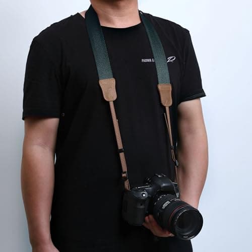 Padwa Lifestyle Dark Blue Green Camera Strap -Double Layer Crazy Horse Cowhide End,1.5" Wide Pure Cotton Woven Camera Straps,Adjustable Neck Shoulder Strap for All DSLR Cameras,Gift for Photographers — view 2