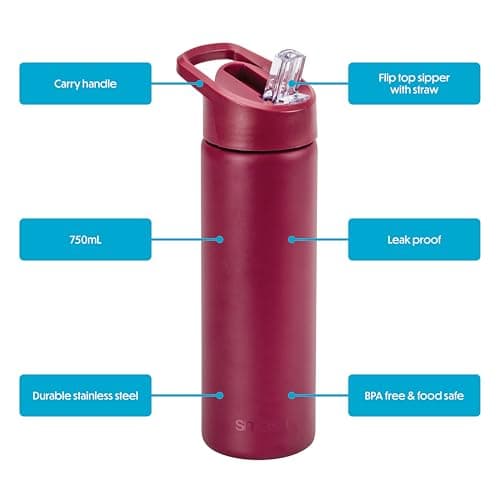 Smash Stainless Steel Water Bottle with Flip Top Lid and Straw - Merlot 750ml — view 3