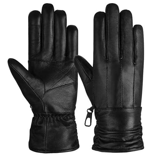 Hand Fellow Genuine Sheepskin Women Leather Gloves, Women Winter Gloves Fleece Lined Touch Screen Driving Gloves (Black, S) (Black, S)