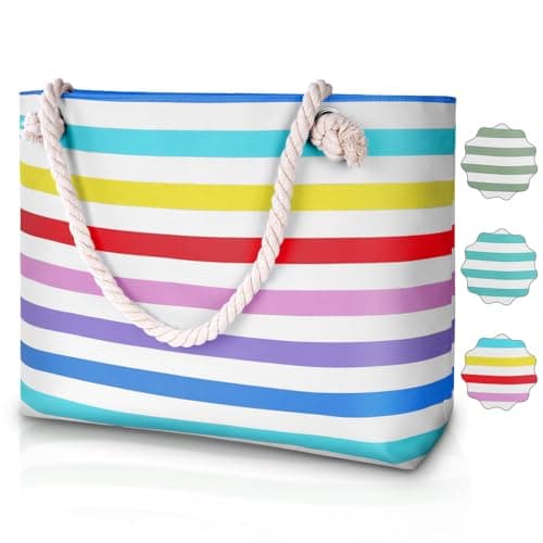 URAQT Beach Bag, Large Summer Beach Tote Bags with Zipper and Rope Handle, Women's Holiday Family Travel Bag,Canvas Shopping Bag,Shoulder Bag,Suitable for Gym Pool Beach Picnic