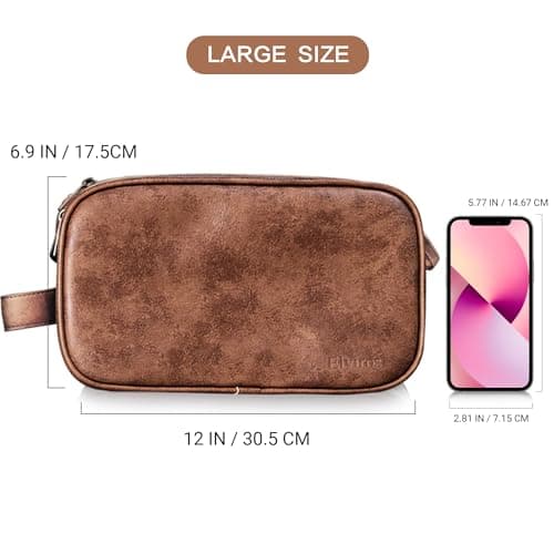 Elviros Travel Toiletry Bag Gift for Men，Mens Toiletries Bag Gifts Set Shaving Dopp Kit Water-Resistant Bathroom Toiletries Organizer PU Leather Cosmetic Bags 2 Piece Dark Brown — view 5