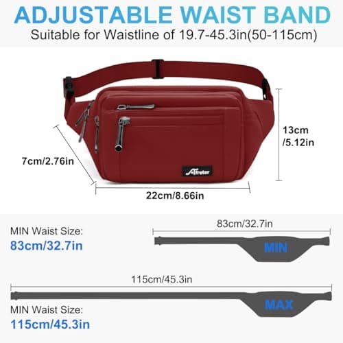 REETEE Waterproof bumbags for Ladies Men Fashion Bum Bag with Adjustable Belt and 5 Zipper Pockets Large Capacity Fanny Pack Waist Bag for Outdoors, Sport, Hiking, Travel (A-Deep red) — view 5
