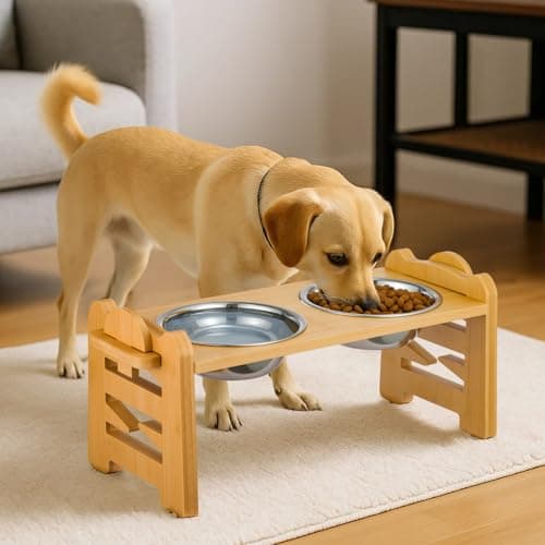 BREEZENEST Raised Dog Bowl 6-Level Adjustable Height, Bamboo Elevated Dog Bowls with Stand 15° Tilt, 2 Stainless Steel Pet Bowl, Anti-Slip Foldable Dog Feeding Station for Small Medium Dogs & Cats — view 6