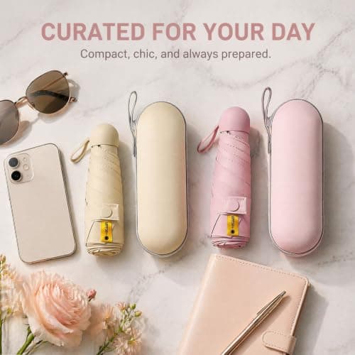 Cosiesnest 2 Pack Mini Folding Umbrellas with Capsule Cases, 6 Ribs Lightweight Compact Travel Umbrella for Handbag, Windproof UV Protection UPF 50+ Sun & Rain Umbrella for Women Men (Pink & White) — view 4