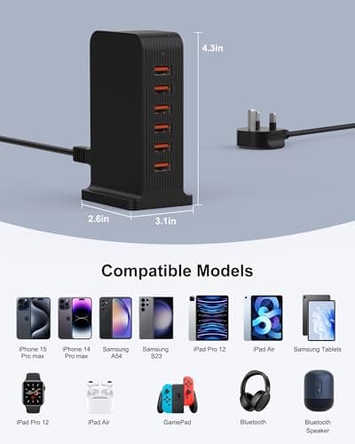 Qurzou Multi USB Charger,50W USB Tower Charging Station,Charger Plug with 6 Ports for iPhone 15/15 Pro/15 Pro Max/iPhone 14/14 Pro/14 Pro Max/13 Pro/13 Pro Max,Samsung,iPad,etc(black) — view 4