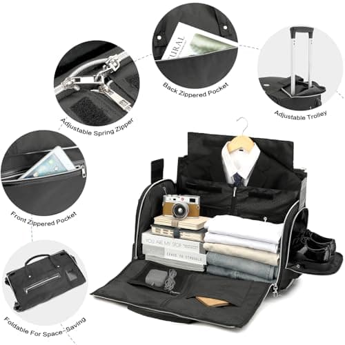 TONRUYN Rolling Garment Bag for Travel Suit Bag with Wheels Handle 55L Carry on Garment Duffle with Shoe Compartment for Men Women 3 in 1 Trolley Convertible Suit Carrier for Business Wedding, Black — view 3