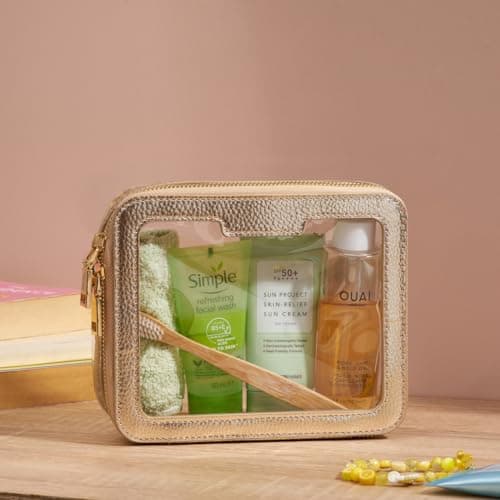 Vegan Leather Gold Toiletry Organizer - Clear PVC Zippered Cosmetic Bag for Travel & Bathroom - Men & Women — view 3