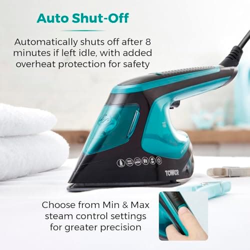 Tower Garment Steamer 1800W, 2-in-1 Steamer & Iron for Flexible Garment Care, One Temperature Technology, 25-Second Heat-Up, Ceramic Soleplate, 180ml Tank, Black & Teal (T22031TL) — view 5