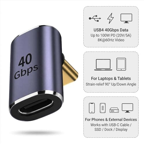 Nebulixq 2-Pack USB C Right Angle Adapter, 90 Degree USB C Male to Female Connector, Low-Profile Extension for Tablets & Smartphones, Plug-and-Play Stainless Steel — view 4