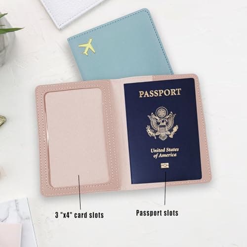 KYRINOVA 2 Pcs Passport Holder, PU Leather Travel Document Holder, Portable Passport Wallet for Travelers Business Cards Tickets (Light Blue Pink) — view 4