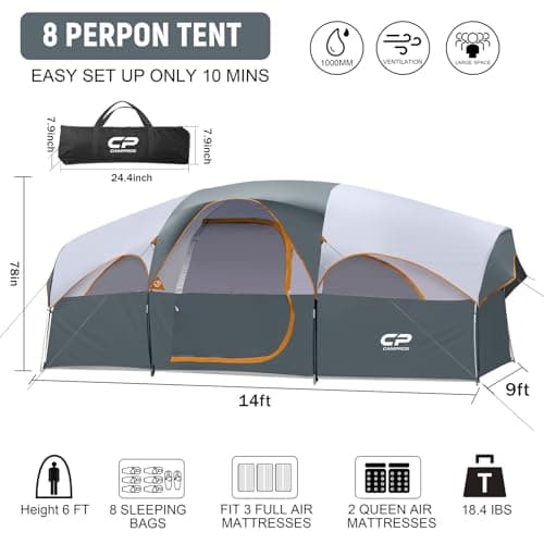 CAMPROS CP 6-8 Person Camping Tent, Large Family Tent, 427 x 274 x 183 cm, 2 Rooms with Divider, Comfortable Height, Quick Assembly in 5 Minutes, Ventilated, Outdoor Family — view 2