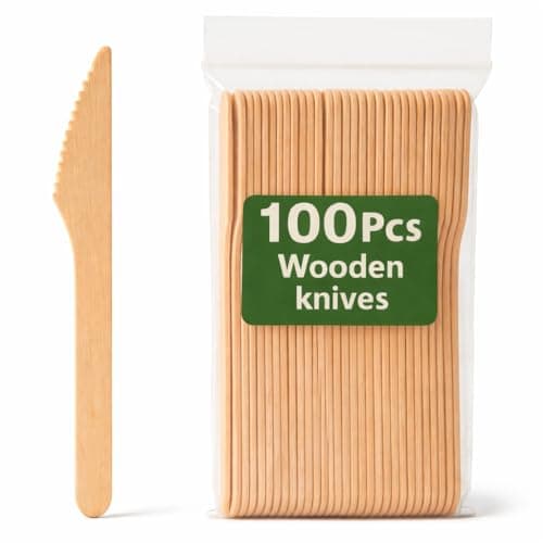 Vivo Technologies 100Pcs Disposable Wooden Knives – Eco-Friendly, Biodegradable & Compostable – 100% Natural Wood Utensils – Sustainable Flatware for Parties, Picnics, Events, Camping