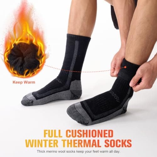 Veximora Merino Wool Hiking Socks for Men Women, Black 9-12, 3 Pairs — view 6