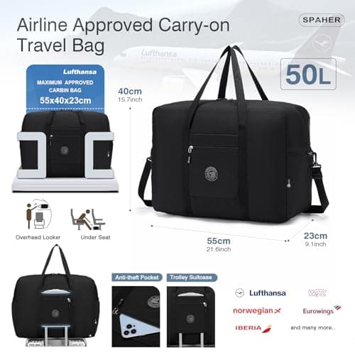 SPAHER Large Cabin Bag 55x40x23 Lufthansa Wizzair Foldable Travel Duffle Bag 50L Carry-on Hand Luggage Lightweight Airport Holdall Tote Overnight Weekend Suitcase Bag Waterproof Handbag Women Men — view 2