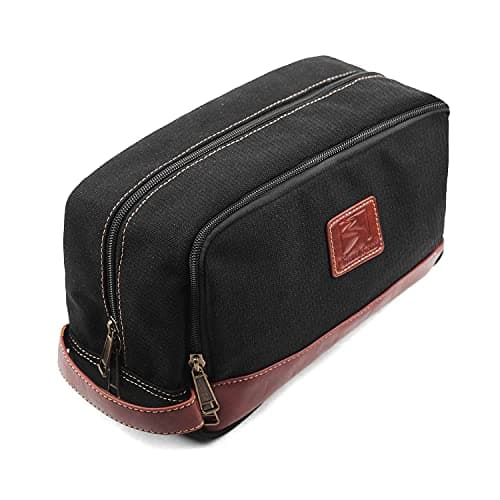Seemeroad Travel Toiletry Bag for Men and Women, Canvas Toiletry Organizer Water-Resistant Vegan Leather, Hanging Dopp Kit Shaving Bag for Toiletries Accessories (Black, Large)
