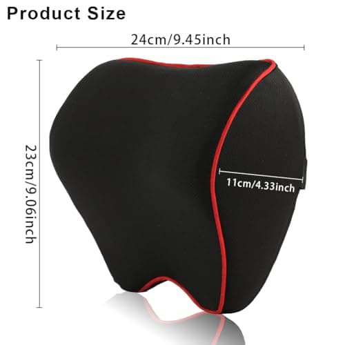 Alaoo Car Neck Support Pillow, Car Seat Headrest for Relieving Neck Fatigue with Adjustable Strap, Soft Memory Foam and Breathable Removable Cover for Passenger or Driver, Black with Red Trim — view 2