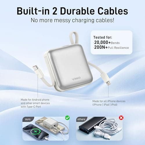 VINKO Small Power Bank with Built-in Cable,10000mAh Fast Charging Power Bank, 22.5W USB C Portable Charger, Mini Battery Pack for iPhone 16 15 14 13 Samsung Galaxy Google Android (White) — view 5