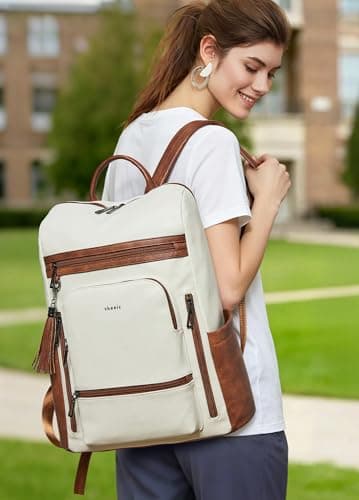 Shrrie Upgraded Large Travel Laptop Backpack Fits 17 inch Laptop,Vegan Leather Computer Backpack for Women and Men Business,Beige with Brown — view 2