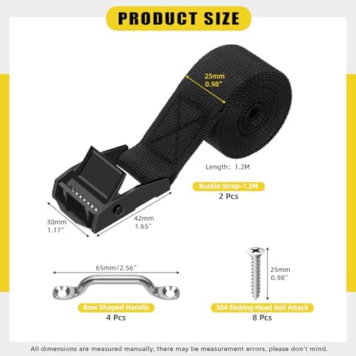Mardatt 2 Sets 1" x 48" Battery Tie Down Strap, Safety Tie Down Strap Large Hold Down Strap Lashing Strap with Cam Buckle, Stainless Steel Bracket and SS Screws for Boats, Luggage Belt, Cars — view 2