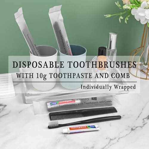 50 Pack Black Disposable Toothbrushes with Toothpaste and Comb Set,10g Toothpaste,7inch Hair Comb,Individually Wrapped Disposable Travel Hotel Toothbrush Set for Homeless,Hotel,Charity — view 3