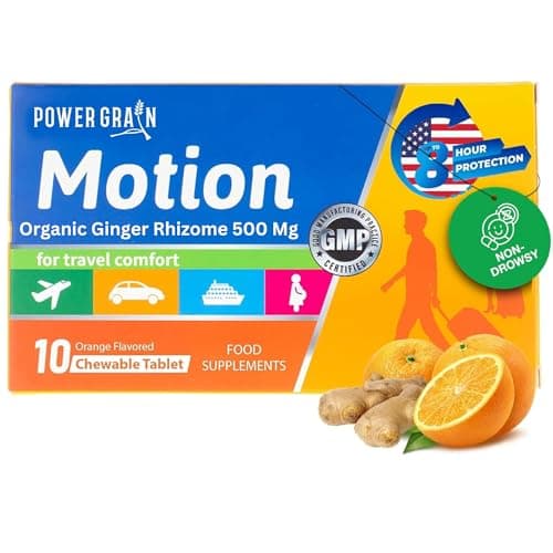 Travel & Motion Sickness Tablets - 500mg Chewable Ginger Rhizome Tablets - Non-Drowsy Nausea & Vomiting Relief - 10 Tablets (Orange)
