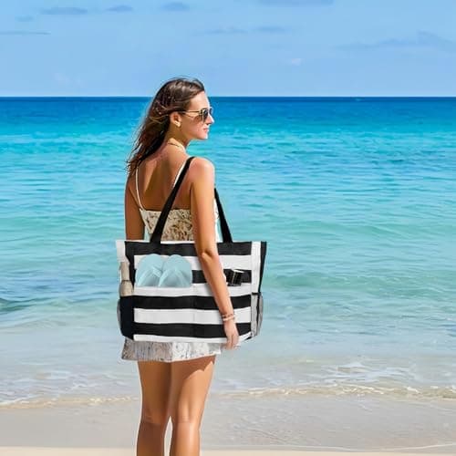 flintronic Extra Large Lightweight Beach Bag, Waterproof Beach Tote Bag with Zip, Foldable Shoulder Bag for Women, Reusable Shopping Bag, for Beach Travel Holiday Swimming Picnic,Black — view 2