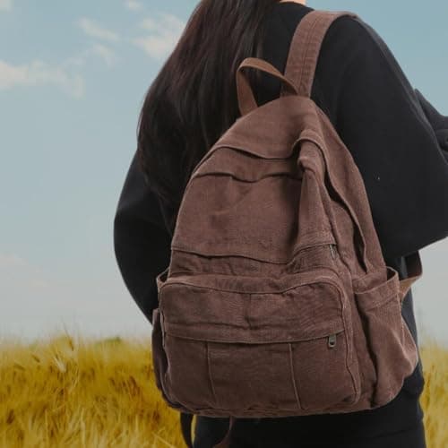 GAMLFL Canvas Backpack for Women Retro Aesthetic Rucksack Basic Backpack for High School/College Students Travel Laptop Bag, Espresso Brown, M, Travel Backpacks — view 2