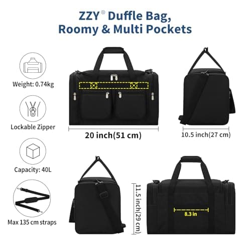 ZZY Men's 40L Gym Bag Sports Duffle with Lockable Zipper, 20-Inch Holdall for Fitness, Workout, Travel, Weekend Overnight Bag (Black) — view 3