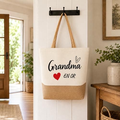 RUHSNJK Grandma Gifts, Grandma Birthday, Beige Jute Tote Bag and Best Grandma Ever Keyring, Practical Shopping and Travel Gift from Grandchildren — view 3