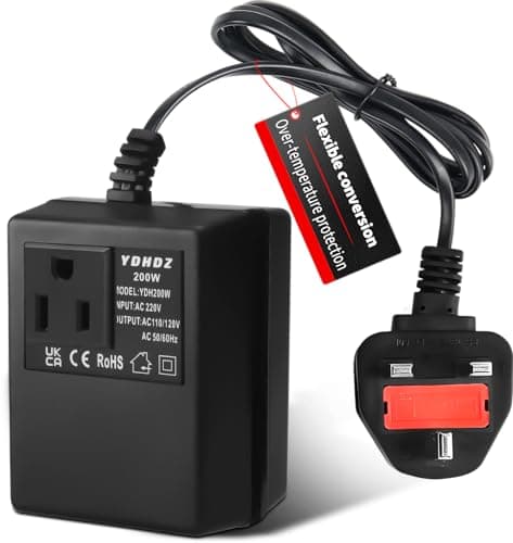 200W Step-Down Power Supply voltage converter 220V/240V to 110V/120V(UK Plug), Smart and Efficient Temperature-Protected Adapter, Suitable for WiFi, POS Machines and Power Bank